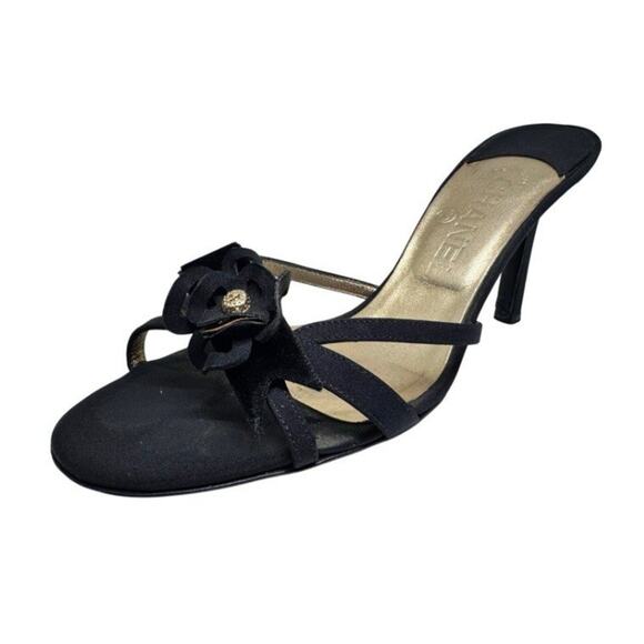 CHANEL BLACK CAMILLIA SLIDE IN SANDLES BLACK DENIM SHOES SZ 38H B - Picture 1 of 10